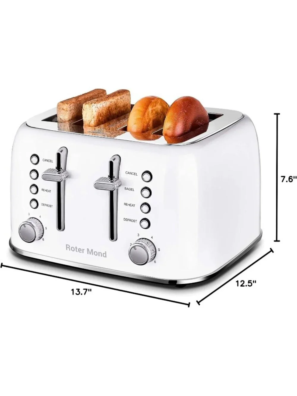 4 Slice White Retro Stainless Steel with Extra Wide Slots Bagel Defrost Toaster